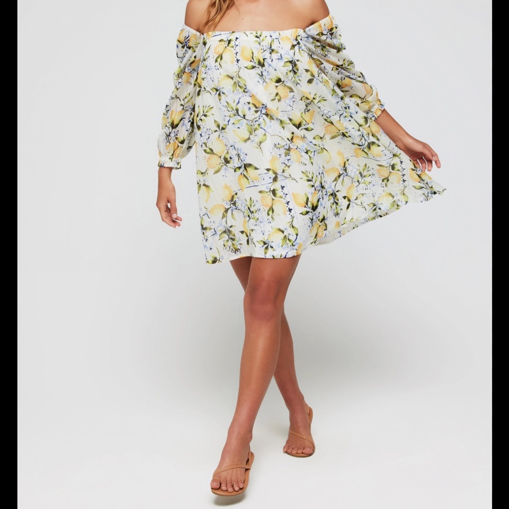 Hermoza Floral Off-Shoulder Mini Dress - Yellow and White